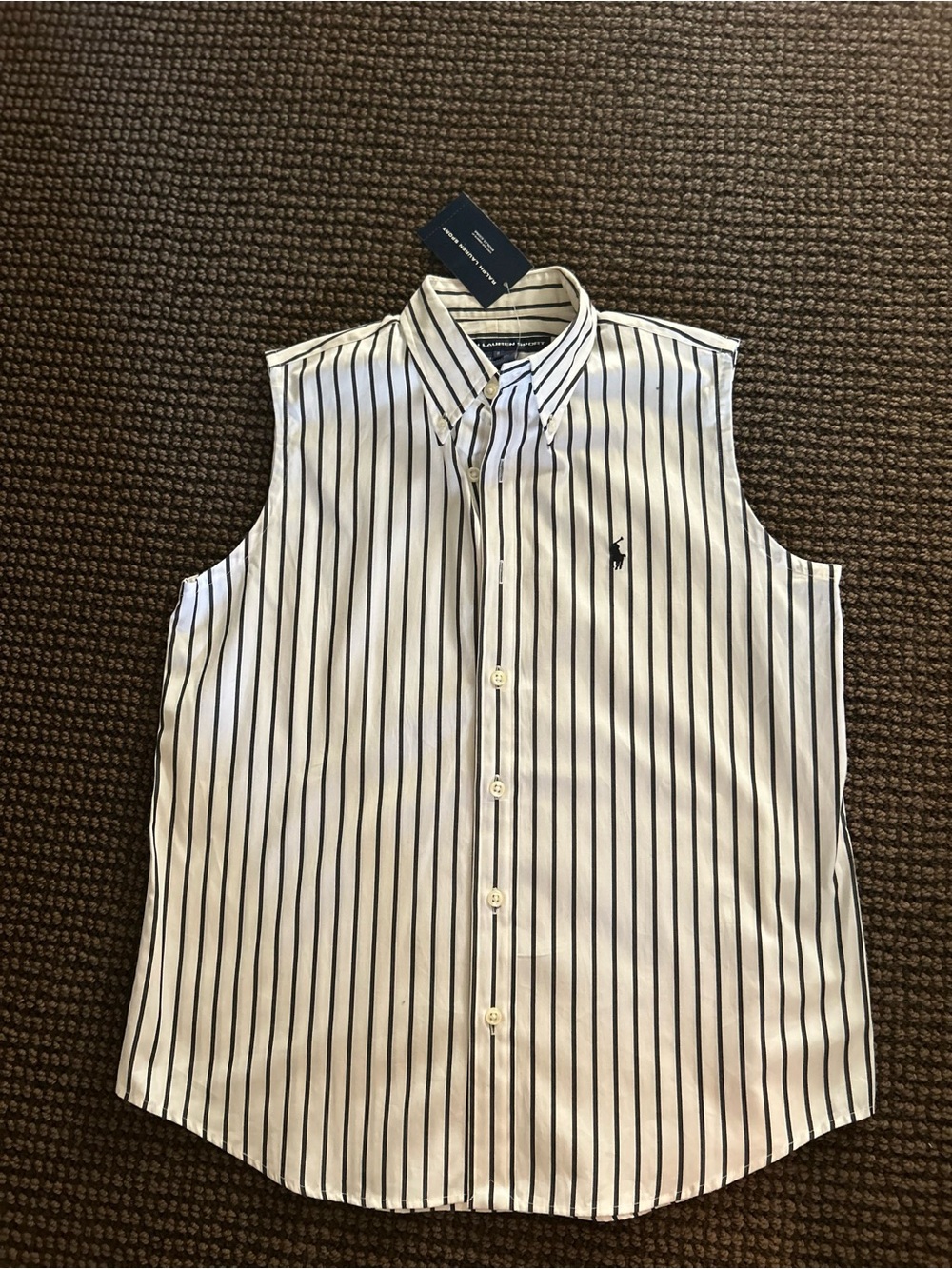 Ralph Lauren Sleeveless Button-Down Shirt in White with Black Stripes